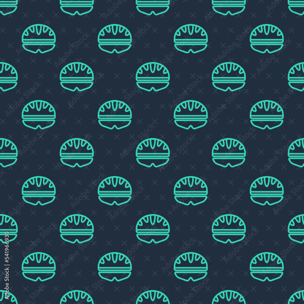 Green line Bicycle helmet icon isolated seamless pattern on blue background. Extreme sport. Sport equipment. Vector Green line Bicycle helmet icon isolated seamless pattern on blue background. Extreme sport. Sport equipment. Vector