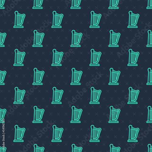 Green line Harp icon isolated seamless pattern on blue background. Classical music instrument, orhestra string acoustic element. Vector