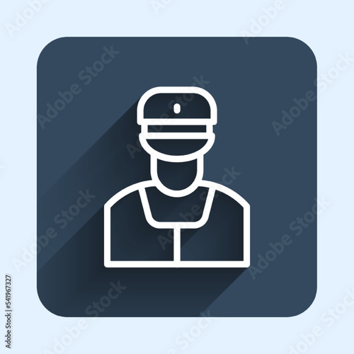 White line Train conductor icon isolated with long shadow background. Blue square button. Vector