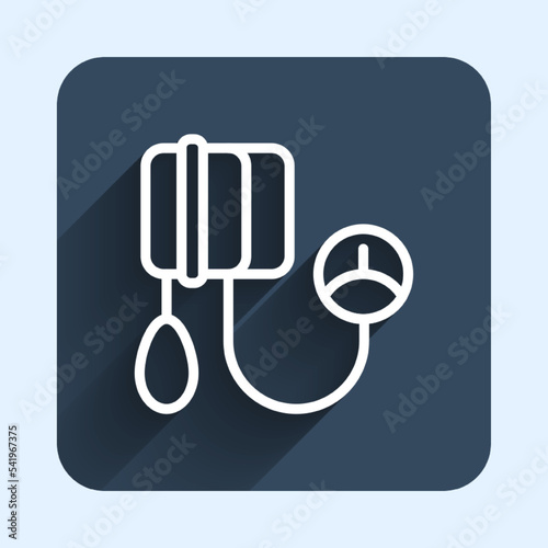 White line Blood pressure icon isolated with long shadow background. Blue square button. Vector