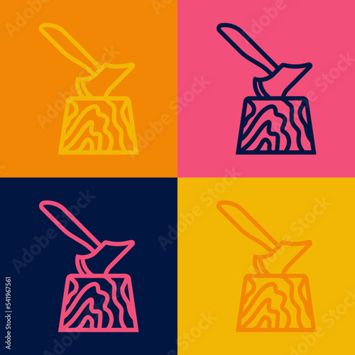 Pop art line Wooden axe in stump icon isolated on color background. Lumberjack axe. Axe stuck in wood. Chopping wood. Vector