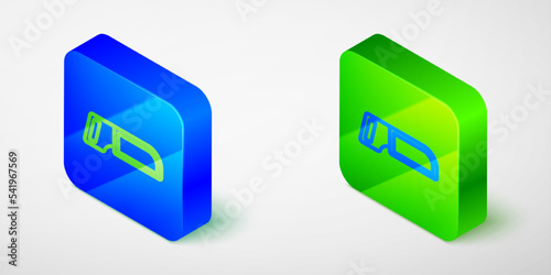 Isometric line Hacksaw icon isolated on grey background. Metal saw for wood and metal. Blue and green square button. Vector