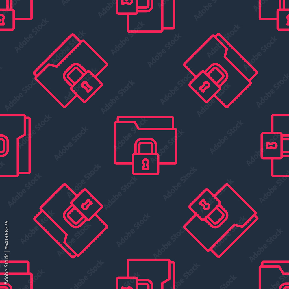 Red line Folder and lock icon isolated seamless pattern on black background. Closed folder and padlock. Security, safety, protection concept. Vector Red line Folder and lock icon isolated seamless pattern on black background. Closed folder and padlock. Security, safety, protection concept. Vector