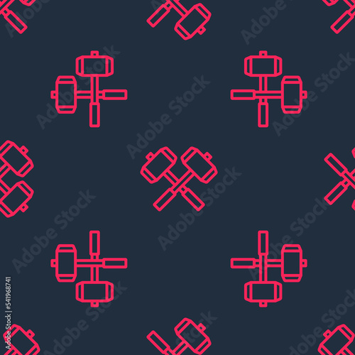 Red line Medieval crossed battle hammers icon isolated seamless pattern on black background. Vector