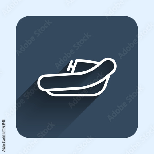 White line Inflatable boat with outboard motor icon isolated with long shadow background. Blue square button. Vector