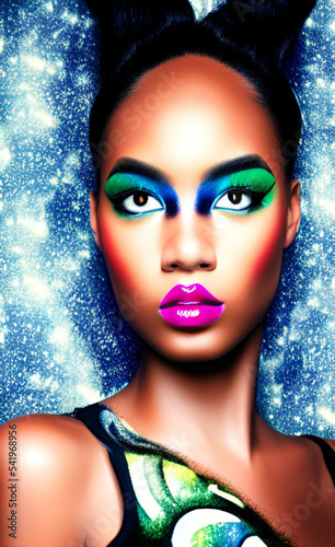Portrait of a girl with creative makeup and hairstyle. Illustration. Created with the help of artificial intelligence