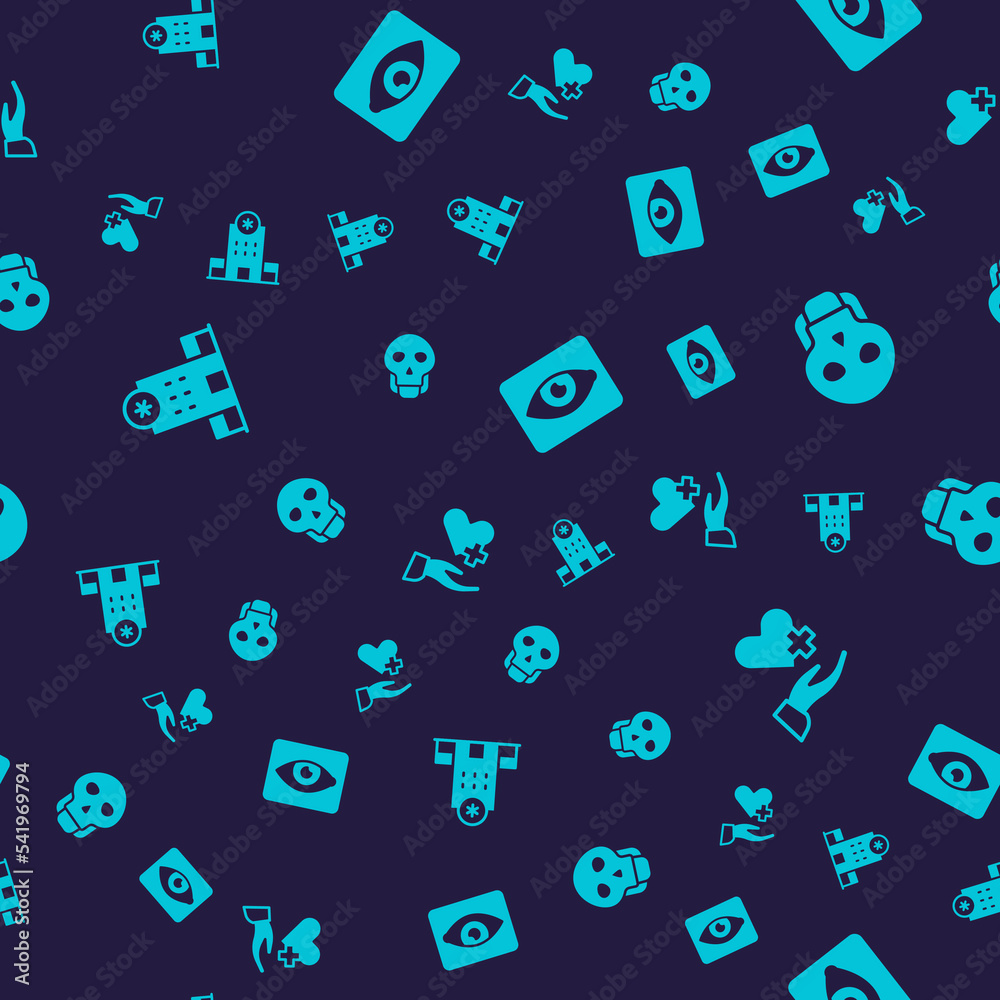 Set Hospital building, Skull, Red eye effect and Heart with cross on seamless pattern. Vector Set Hospital building, Skull, Red eye effect and Heart with cross on seamless pattern. Vector