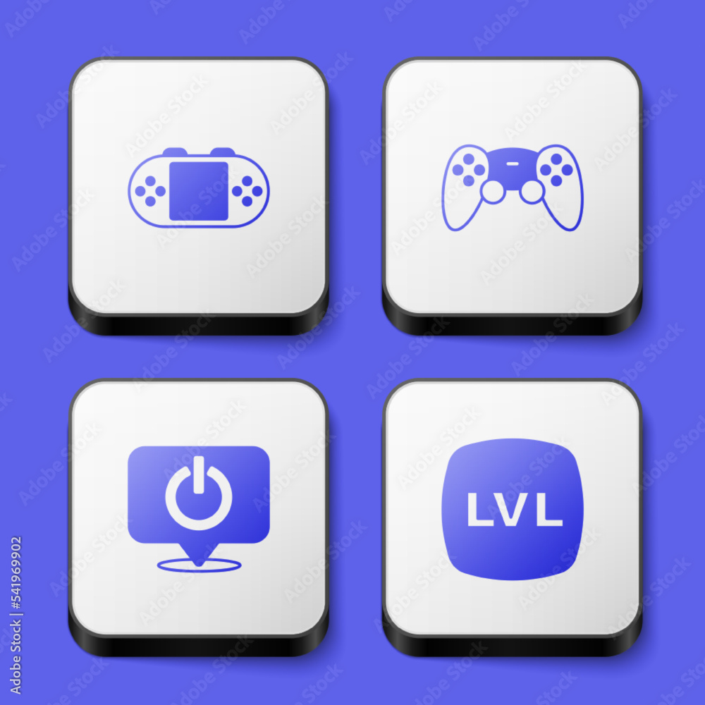 Set Portable video game console, Game controller joystick, Power button and Level icon. White square button. Vector Set Portable video game console, Game controller joystick, Power button and Level icon. White square button. Vector