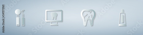 Set Dental mirror and probe, Online dental care, Broken tooth and Tube of toothpaste. Paper art style. Vector