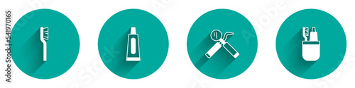 Set Toothbrush, Tube of toothpaste, Dental mirror and probe and icon with long shadow. Vector
