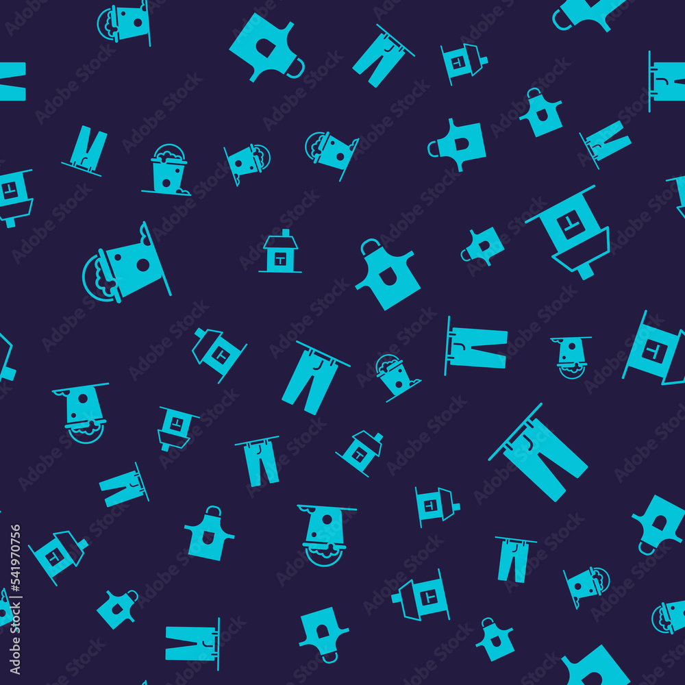 Set Bucket with foam and bubbles, House, Kitchen apron and Drying clothes on seamless pattern. Vector Set Bucket with foam and bubbles, House, Kitchen apron and Drying clothes on seamless pattern. Vector