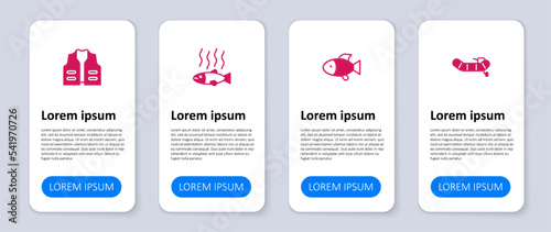 Set Inflatable boat with motor, Fish, Dead fish and Fishing jacket. Business infographic template. Vector