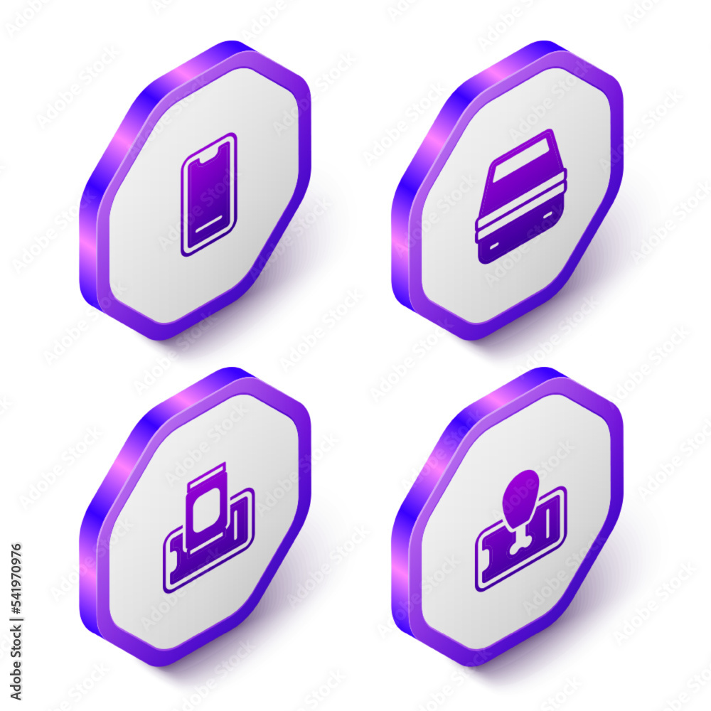 Set Isometric Food ordering on mobile, Lunch box, and icon. Purple hexagon button. Vector