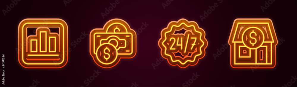 Set line Pie chart infographic, Stacks paper money cash, Clock 24 hours and Market store. Glowing neon icon. Vector Set line Pie chart infographic, Stacks paper money cash, Clock 24 hours and Market store. Glowing neon icon. Vector
