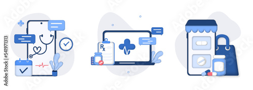 Medical illustration set. Online medical services, online prescription, buying medicaments online on smartphone. Medicine and healthcare concept. online pharmacy, drugstore, diagnosis. 3d vector.