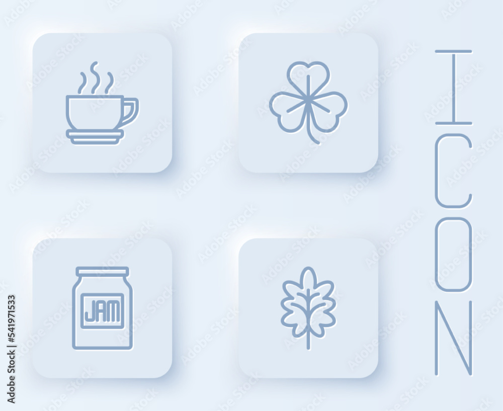 Set line Coffee cup, Clover, Jam jar and Leaf. White square button. Vector Set line Coffee cup, Clover, Jam jar and Leaf. White square button. Vector