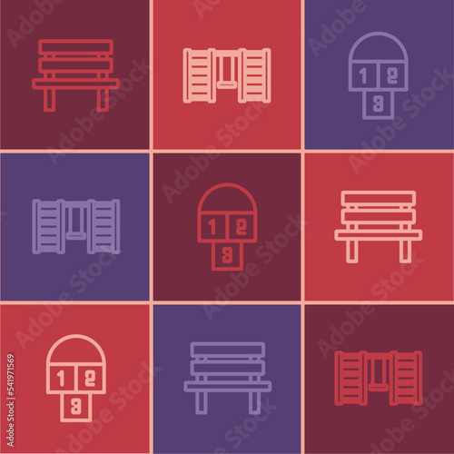 Set line Bench, Hopscotch and Swedish wall icon. Vector