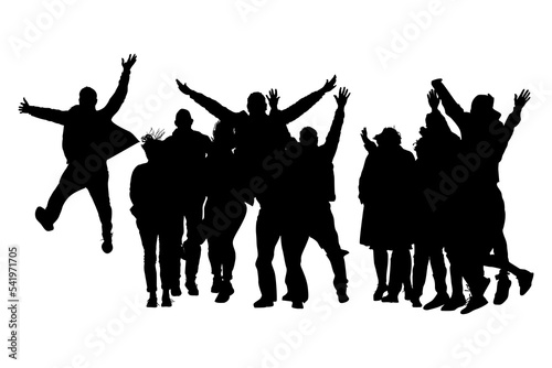 Large group of happy people. Cheerful people having fun celebrating. Silhouette of fun people in party or holiday. Jumping friends. Teamwork, meeting or family concept. Stock vector illustration