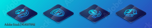 Set Isometric line Money with shield, Car insurance, Education grant and Delivery security icon. Vector