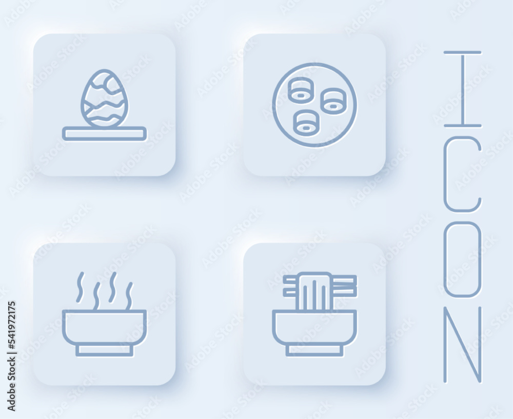 Set line Chinese tea egg, Sushi, Ramen soup bowl and Asian noodles. White square button. Vector