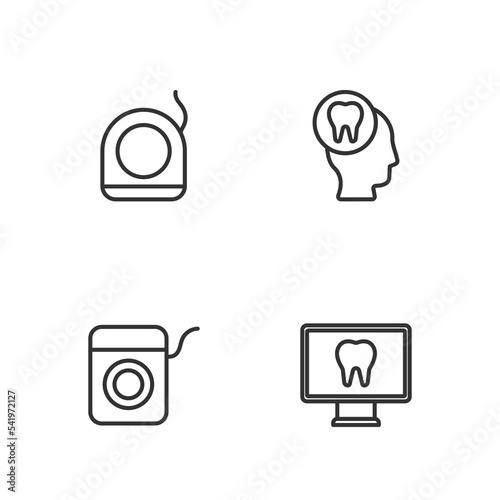 Set line Online dental care, Dental floss, and Toothache icon. Vector