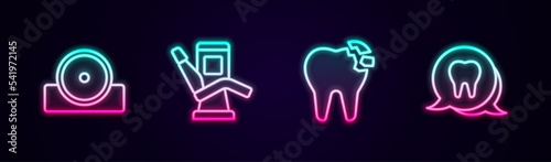 Set line Otolaryngological head reflector, Medical dental chair, Broken tooth and Tooth. Glowing neon icon. Vector