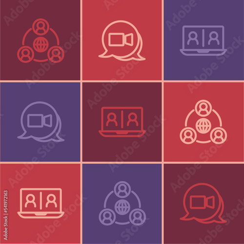 Set line Meeting, Video chat conference and icon. Vector
