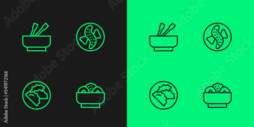 Set line Chow mein on plate, Dumpling, Asian noodles bowl and Served cucumber icon. Vector