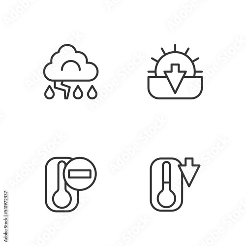 Set line Thermometer  Cloud and lightning and Sunset icon. Vector