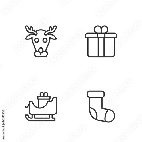 Set line Christmas stocking, santa claus sleigh, Reindeer and Gift box icon. Vector