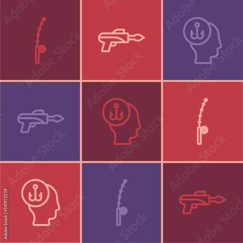 Set line Fishing rod, Fisherman and harpoon icon. Vector