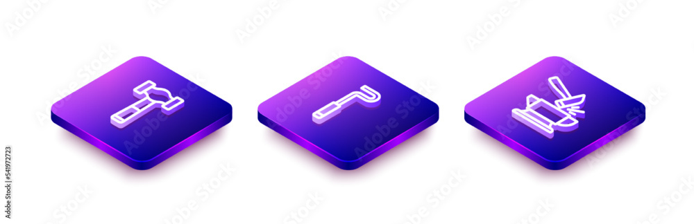 Set Isometric line Hammer, Fire poker and Anvil and hammer icon. Vector Set Isometric line Hammer, Fire poker and Anvil and hammer icon. Vector