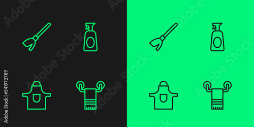 Set line Towel on hanger, Kitchen apron, Handle broom and Cleaning spray with detergent icon. Vector