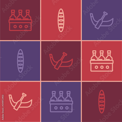 Set line Bottles of wine, Gondola boat and French baguette bread icon. Vector