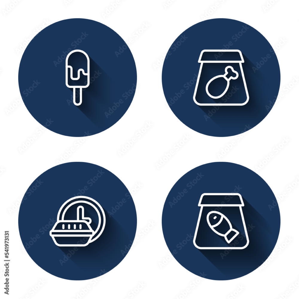Set line Ice cream, Online ordering meal, Round the clock delivery and fish with long shadow. Blue circle button. Vector