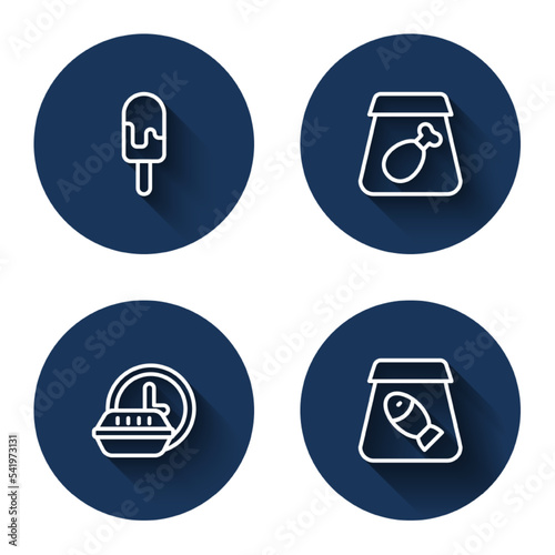 Set line Ice cream, Online ordering meal, Round the clock delivery and fish with long shadow. Blue circle button. Vector