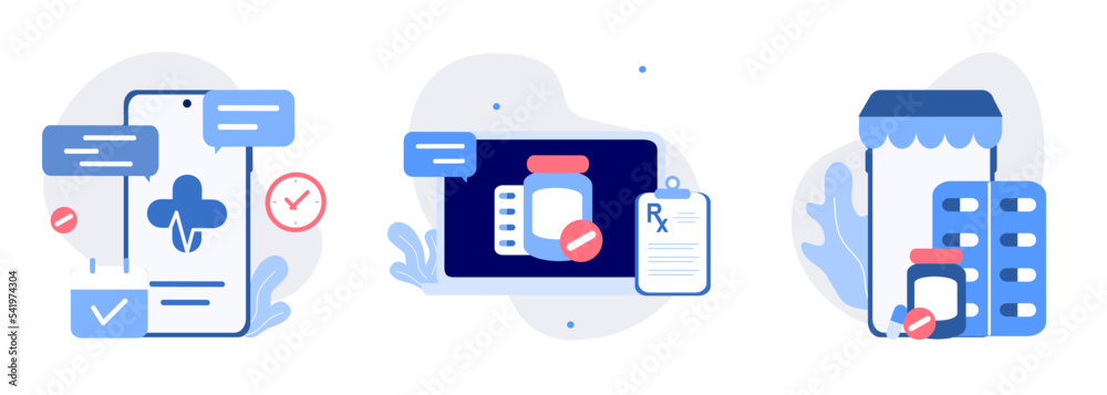 Medical illustration set. Online medical services, online prescription, buying medicaments online on smartphone. Medicine and healthcare concept. online pharmacy, drugstore, diagnosis. Flat vector.