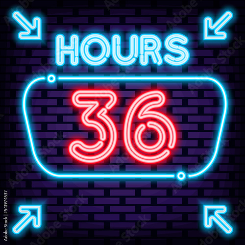 36 hours Neon Sign Vector. On brick wall background. Light banner. Design element. Vector Illustration