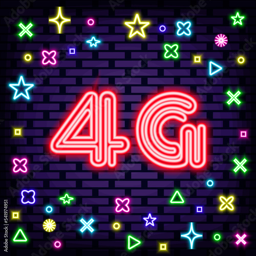 4g mobile internet Neon signboards. On brick wall background. Announcement neon signboard. Isolated on black background. Vector Illustration