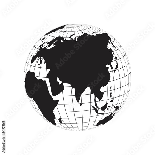 world globe silhouette asia and europe continent map, earth latitude and longitude line grid vector