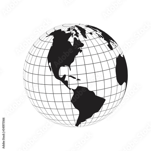 globe silhouette of america continent map, earth latitude and longitude line grid vector