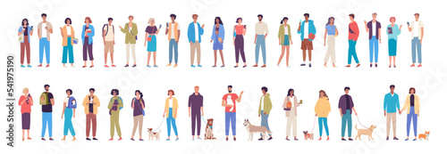 Different modern people chatting, walking with dogs, cats and pets, characters vector design	
