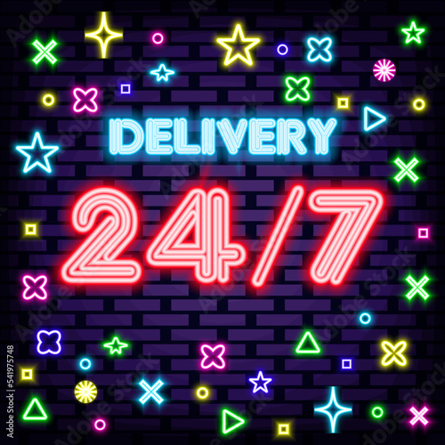 Delivery 24/7 Neon Sign Vector. Glowing with colorful neon light. Night bright advertising. Trendy design elements. Vector Illustration