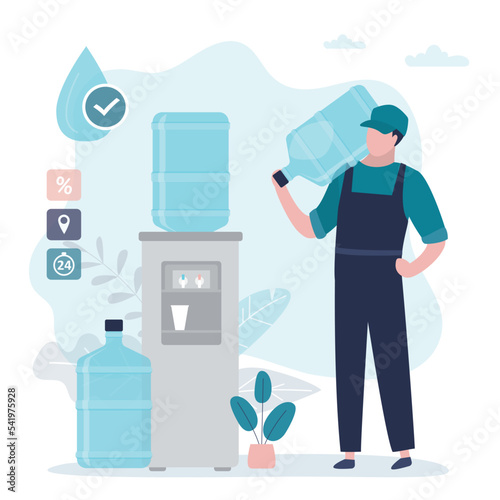 Deliveryman holding gallon of water on shoulder. Office cooler with water. Male courier quickly delivers orders. Guy in uniform delivering bottles with liquid for coolers.