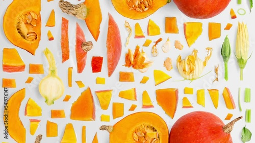 Pumpkin vegetable pieces, slices and leaves being moved isolated on white. Seamless looping. High quality 4k video.