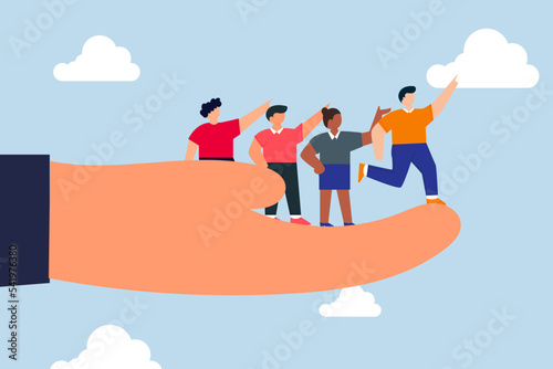 employees sharing the same value. business people employees pointing to the same goal in company hand.