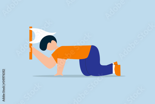 hopelessness concept. sad businessman giving up waving white flag asking for help