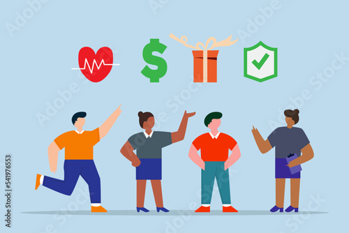  Employee benefits and compensation for staff advantage. business people with benefits, scholarship, bonus, salary increase and health insurance.