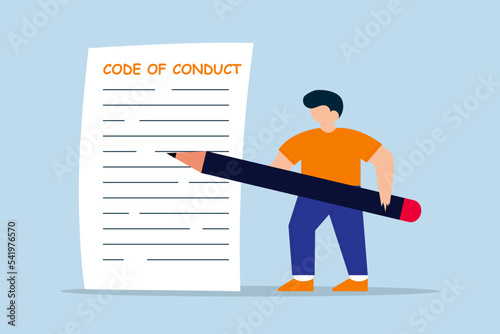 Code of conduct. businessman writing code of conduct document