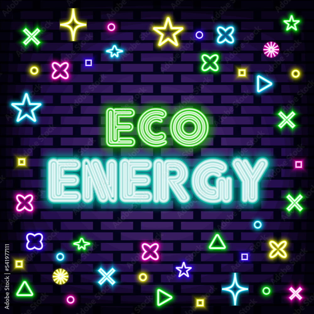 Eco energy Neon Sign Vector. Bright signboard. Neon text. Bright colored vector. Vector Illustration